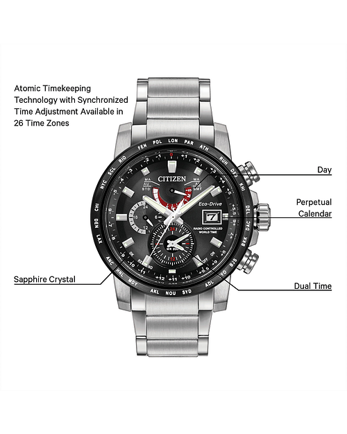 World Time A T Black Dial Stainless Steel Bracelet AT9071 58E